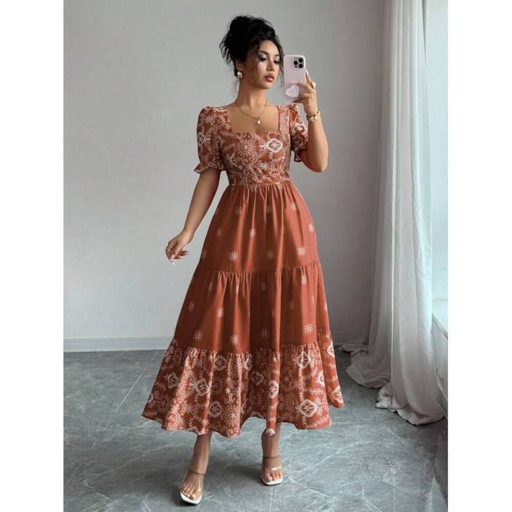 Elenzga Square Neck Waist Gathered A-Line Dress, Floral, F - Picture 5 of 6